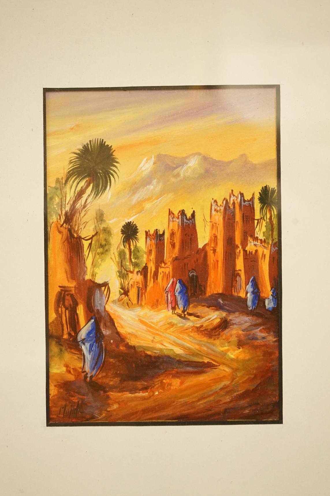 Majid, Orientalist street scene with figures, signed, oil, 16 x 11cm